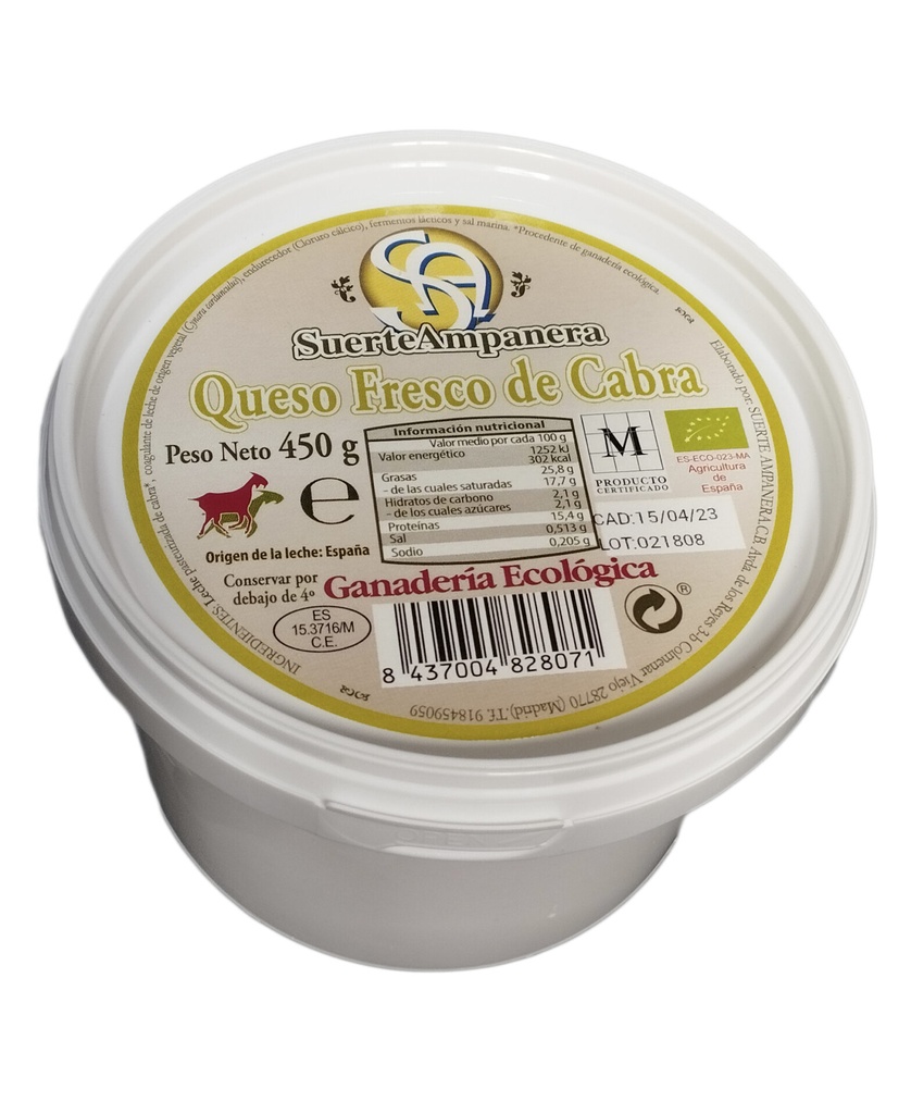 QUEIXO FRESCO ECOLÓGICO DE CABRA SUERTE AMPANERA 450G